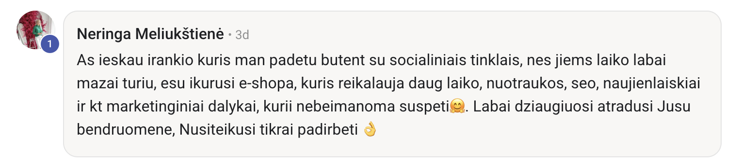 Neringa Meliukštienė atsiliepimas Skool bendruomenėje