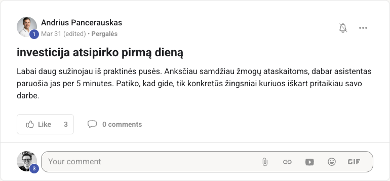Andrius Pancerauskas. Investicija atsipirko pirmą dieną.